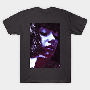 Beautiful girl, liquid on chin. Vampire. Dark, beautiful. Neon blue light. T-Shirt